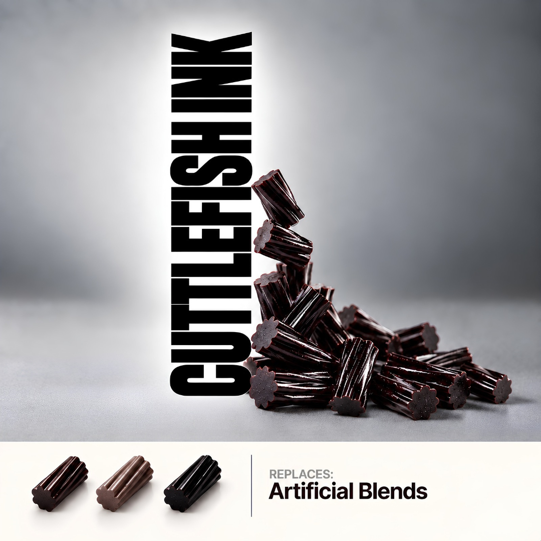 Twisted licorice stick colored with cuttlefish ink, shown in dark brown, mid brown and true black