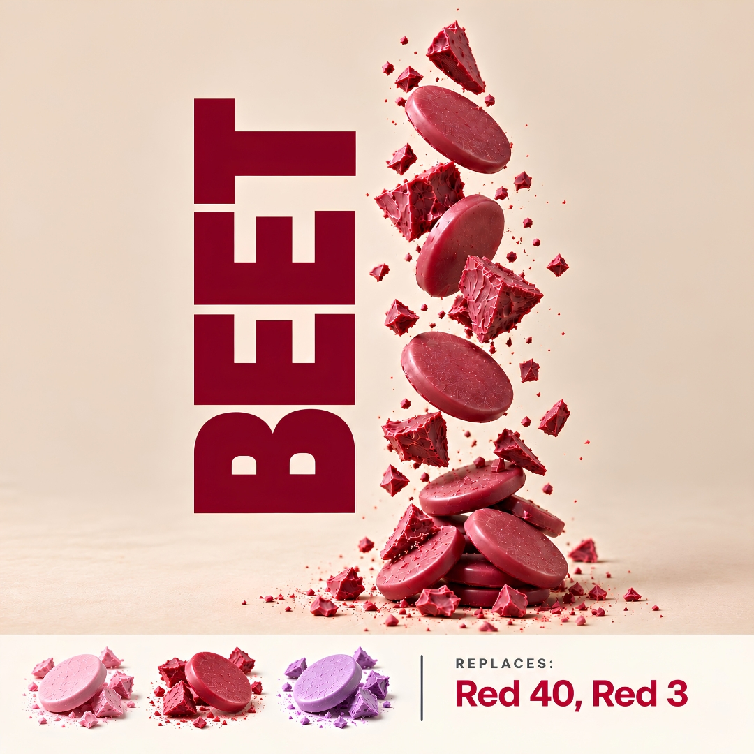 Ruby chocolate discs colored with beet, shown in soft pink, deep red and violet