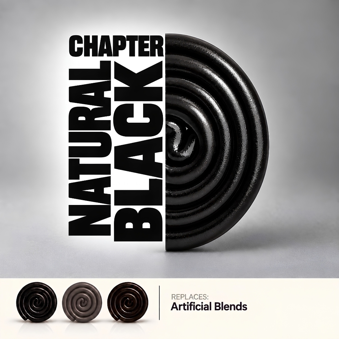 Black licorice wheel colored with Chapter Natural Black, shown in true black, grey and dark brown