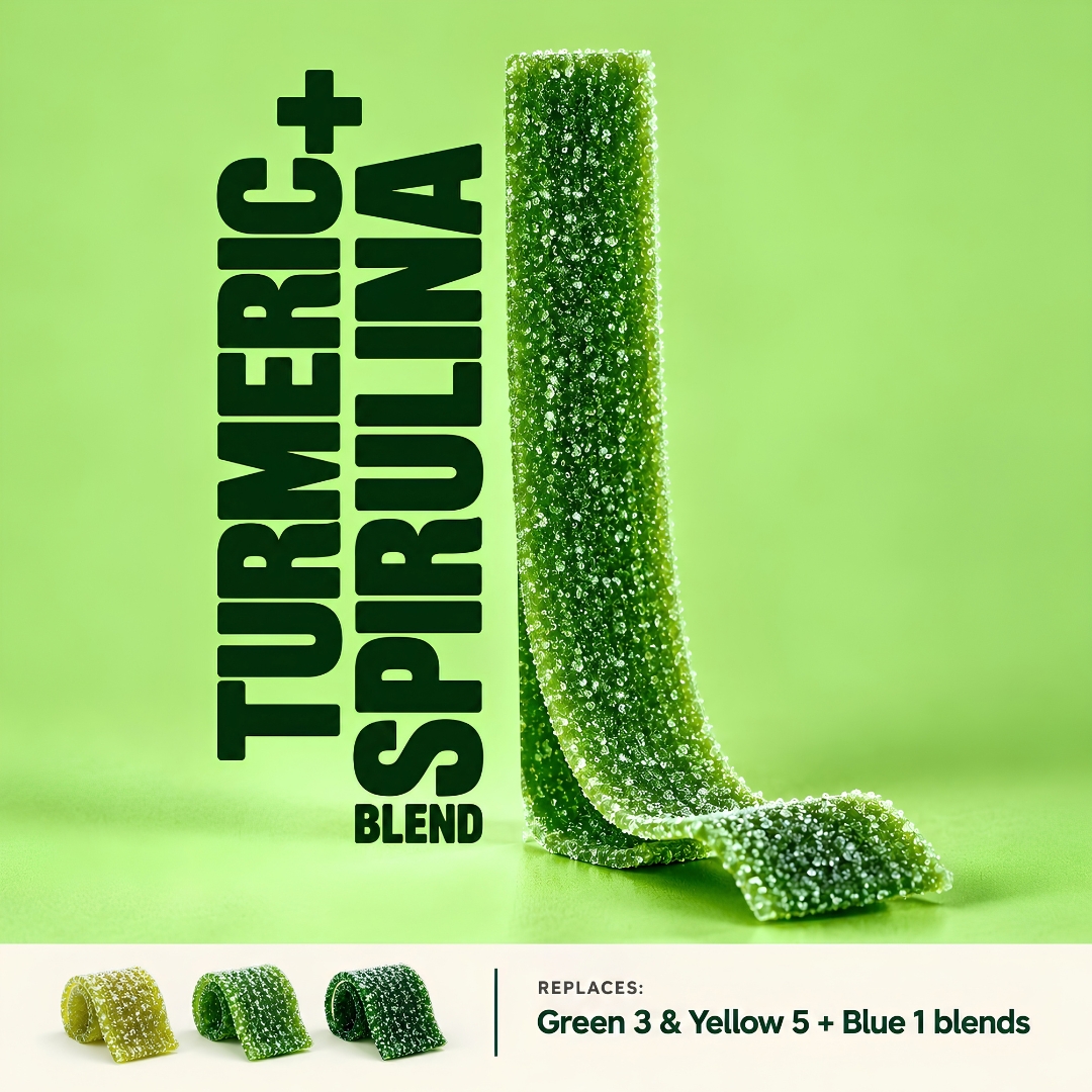 Green sour belt colored with a turmeric and spirulina blend, shown in bright through deep green