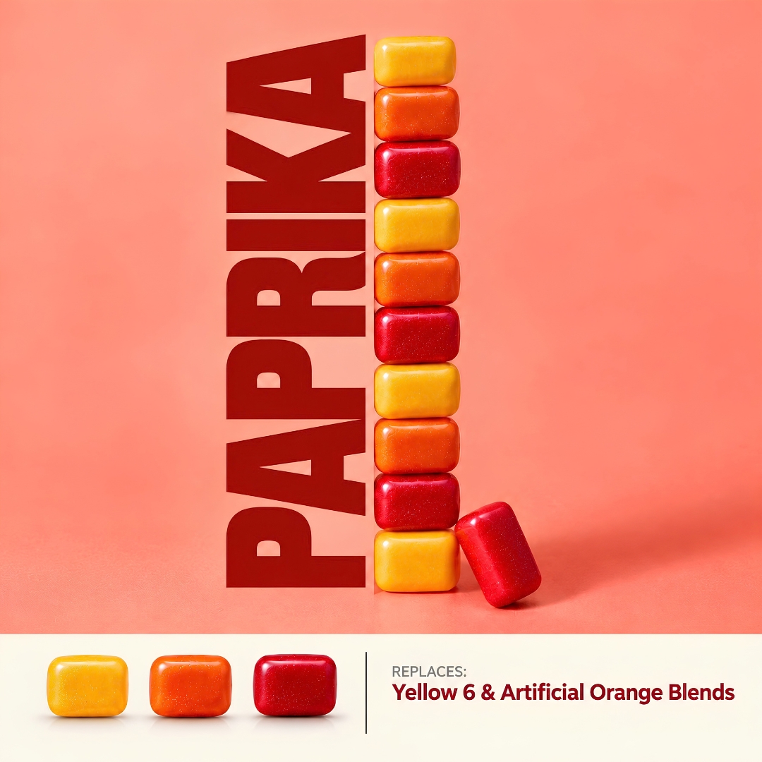 Stacked chewy candies colored with paprika, shown in golden yellow, orange and deep orange-red