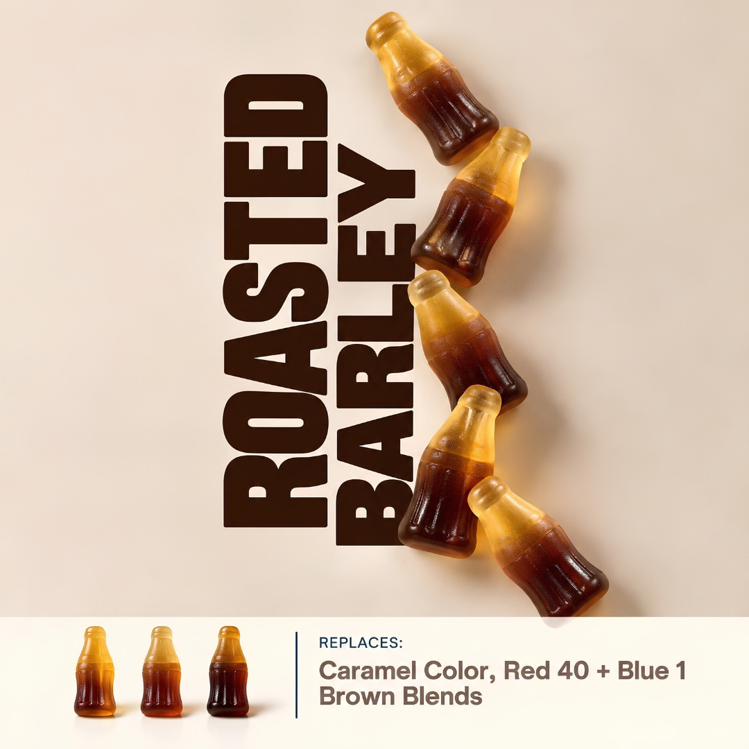 Cola bottle gummies colored with roasted barley, shown in amber through deep brown