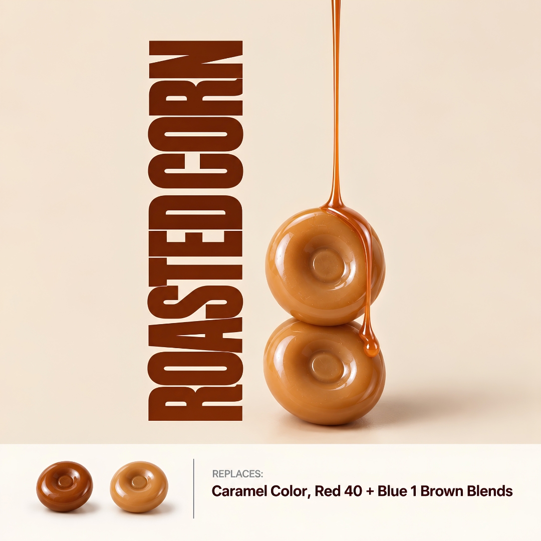 Caramel-glazed candy rings colored with roasted corn, shown in golden amber and rich brown