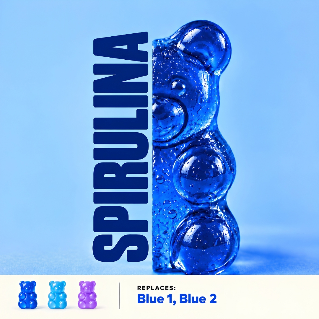 Blue gummy bear colored with spirulina, shown with the deep blue, cyan and violet shades it produces