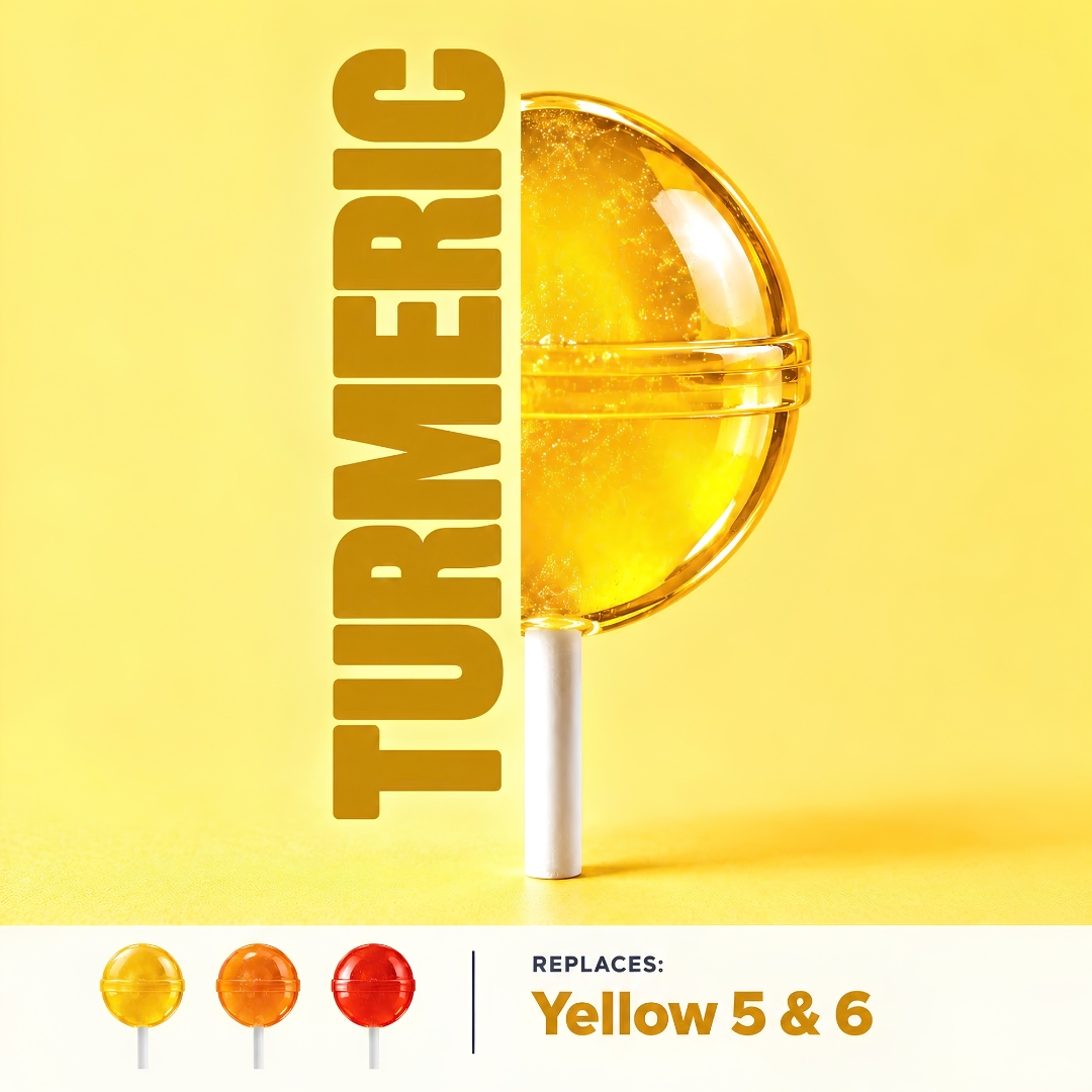 Yellow lollipop colored with turmeric, shown with the yellow, orange and red shades it produces